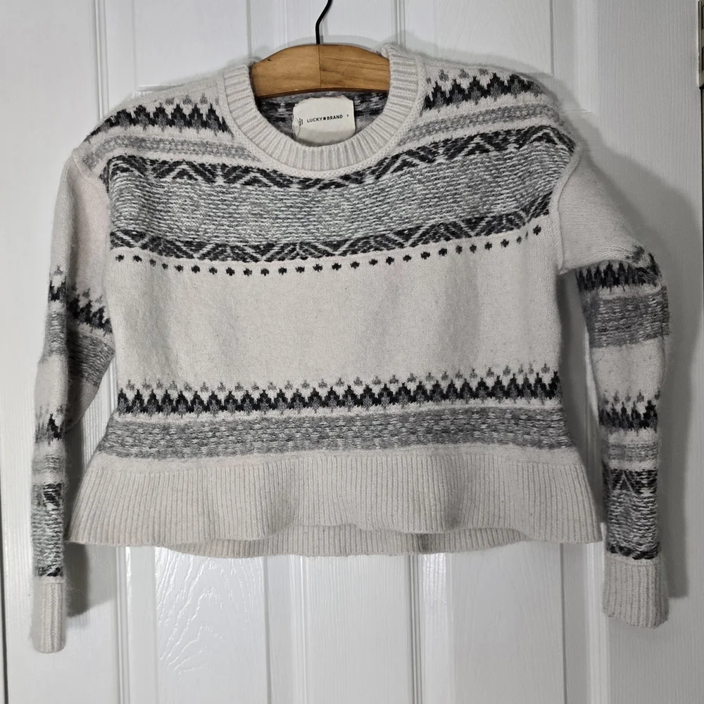 Lucky Brand Ivory and Charcoal Knit‎ Peplem Fair Isle Sweater Alpaca Wool